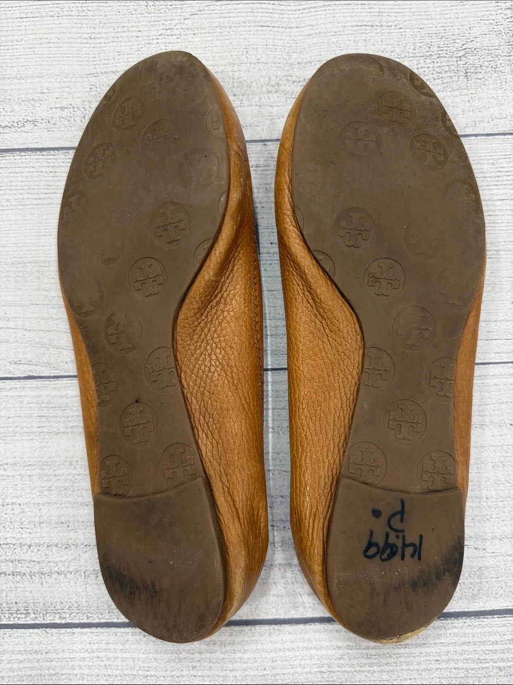 Tory Burch Reva Cognac Brown Leather Ballet Flats Logo Medallion Women's Size 10